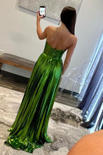 Load image into Gallery viewer, Metallic Green A-Line Strapless Zipper Back Long Prom Dress With Slit