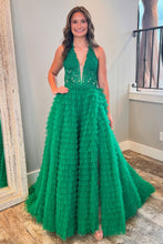 Load image into Gallery viewer, Green A-Line V-Neck Lace Top Long Tulle Prom Dress with Slit