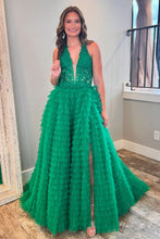 Load image into Gallery viewer, Green A-Line V-Neck Lace Top Long Tulle Prom Dress with Slit