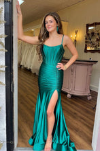 Load image into Gallery viewer, Green Mermaid Spaghetti Straps Long Pleated Satin Prom Dress with Slit