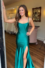 Load image into Gallery viewer, Green Mermaid Spaghetti Straps Long Pleated Satin Prom Dress with Slit