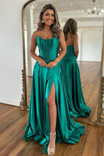 Load image into Gallery viewer, Green Strapless A-Line Long Satin Prom Party Dress With Split