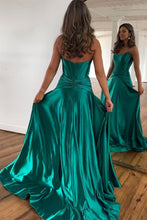 Load image into Gallery viewer, Green Strapless A-Line Long Satin Prom Party Dress With Split