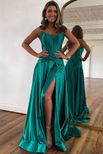 Load image into Gallery viewer, Green Strapless A-Line Long Satin Prom Party Dress With Split