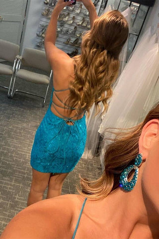 Royal Blue Spaghetti Straps Short Lace Homecoming Dress