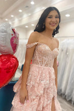 Load image into Gallery viewer, Sparkly Hot Pink A-Line Off The Shoulder Long Tiered Prom Dress With Appliques