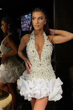 Load image into Gallery viewer, Luxury Pearl & Crystal Embellished Halter Homecoming Dress with Ruffled Hem