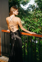 Load image into Gallery viewer, Simple A Line Spaghetti Straps Black Long Prom Dress with Criss Cross Back