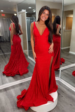 Load image into Gallery viewer, Hot Mermaid V Neck Red Long Prom Dress with Backless