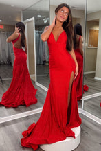 Load image into Gallery viewer, Hot Mermaid V Neck Red Long Prom Dress with Backless