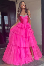 Load image into Gallery viewer, Hot Pink A-Line Off The Shoulder Long Tulle Prom Dress with Slit and Beading