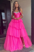 Load image into Gallery viewer, Hot Pink A-Line Off The Shoulder Long Tulle Prom Dress with Slit and Beading