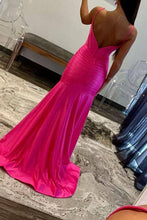 Load image into Gallery viewer, Hot Pink Mermaid Spaghetti Straps Long Satin Prom Dress With Split