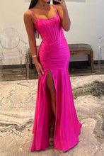 Load image into Gallery viewer, Hot Pink Mermaid Spaghetti Straps Long Satin Prom Dress With Split