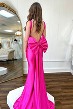 Load image into Gallery viewer, Hot Pink Mermaid Square Neck Backless Long Satin Prom Dress with Bowknot