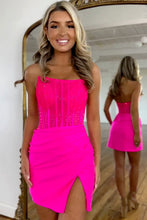 Load image into Gallery viewer, Hot Pink Mermaid Strapless Short Homecoming Dress with Beading and Slit