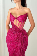Load image into Gallery viewer, Hot Pink Sequin Mermaid Strapless Long Formal Party Dress with Slit