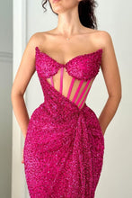 Load image into Gallery viewer, Hot Pink Sequin Mermaid Strapless Long Formal Party Dress with Slit