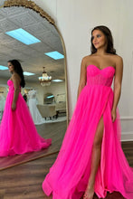 Load image into Gallery viewer, Hot Pink Simple A-Line Sweetheart Long Tulle Prom Dress