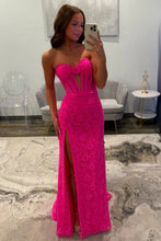 Load image into Gallery viewer, Charming Mermaid Sweetheart Hot Pink Lace Long Prom Dress with Split Front