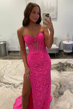 Load image into Gallery viewer, Charming Mermaid Sweetheart Hot Pink Lace Long Prom Dress with Split Front