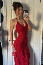 Load image into Gallery viewer, Hot Sheath Spaghetti Straps Red Long Prom Dress with Pearls Ruffles