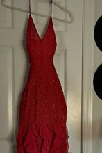Load image into Gallery viewer, Hot Sheath Spaghetti Straps Red Long Prom Dress with Pearls Ruffles