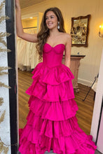 Load image into Gallery viewer, Hot Pink A-Line Sweetheart Long Tiered Satin Prom Dress