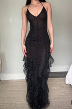 Load image into Gallery viewer, Hot Sheath Spaghetti Straps Red Long Prom Dress with Pearls Ruffles