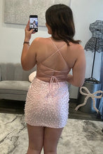 Load image into Gallery viewer, Hot Sheath Spaghetti Straps Champagne Short Homecoming Dress with Pearls