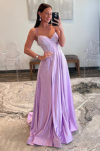 Load image into Gallery viewer, Lilac Glitter A-Line Spaghetti Straps Long Beaded Prom Dress with Slit