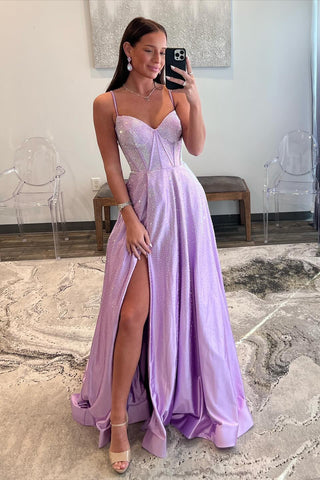Lilac Glitter A-Line Spaghetti Straps Long Beaded Prom Dress with Slit