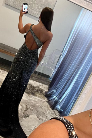 Black Sparkly Mermaid One Shoulder Keyhole Back Long Beaded Prom Dress