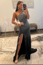 Load image into Gallery viewer, Black Sparkly Mermaid One Shoulder Keyhole Back Long Beaded Prom Dress