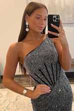Load image into Gallery viewer, Black Sparkly Mermaid One Shoulder Keyhole Back Long Beaded Prom Dress