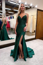 Load image into Gallery viewer, Dark Green Glitter Mermaid Open Back Long Corset Beaded Prom Dress