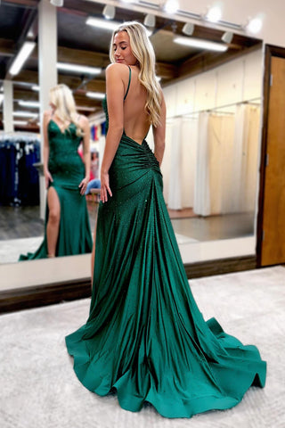 Dark Green Glitter Mermaid Open Back Long Corset Beaded Prom Dress