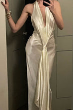 Load image into Gallery viewer, Ivory Satin Halter Neck Deep V-Neck Backless Column Evening Dress with Front Drape Knot