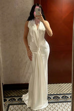 Load image into Gallery viewer, Ivory Satin Halter Neck Deep V-Neck Backless Column Evening Dress with Front Drape Knot