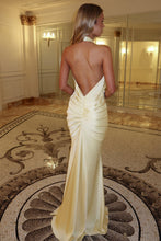 Load image into Gallery viewer, Ivory Satin Halter Neck Deep V-Neck Backless Column Evening Dress with Front Drape Knot