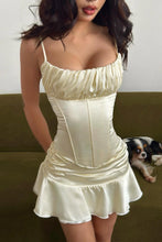 Load image into Gallery viewer, Ivory Satin Spaghetti Straps Corset Homecoming Dress with Ruched Bust and Ruffle Hem