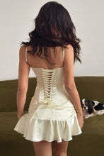 Load image into Gallery viewer, Ivory Satin Spaghetti Straps Corset Homecoming Dress with Ruched Bust and Ruffle Hem