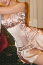 Load image into Gallery viewer, Ivory Satin Spaghetti Straps Corset Homecoming Dress with Ruched Bust and Ruffle Hem