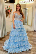 Load image into Gallery viewer, Gorgeous Gold A-Line Off The Shoulder Lace Up Long Prom Dress with Sequin