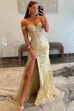 Load image into Gallery viewer, Golden Sparkly Off The Shoulder Mermaid Long Prom Dress with Slit