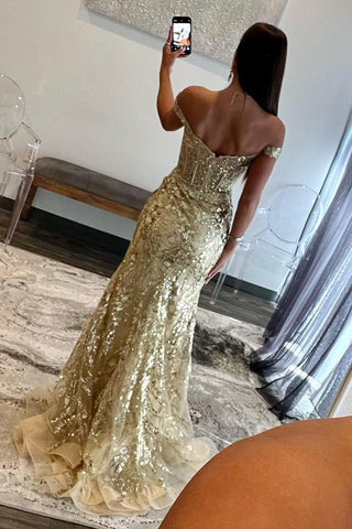Golden Sparkly Off The Shoulder Mermaid Long Prom Dress with Slit