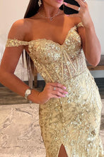 Load image into Gallery viewer, Golden Sparkly Off The Shoulder Mermaid Long Prom Dress with Slit