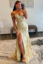Load image into Gallery viewer, Golden Sparkly Off The Shoulder Mermaid Long Prom Dress with Slit