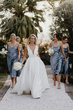 Load image into Gallery viewer, Hot A Line Deep V Neck White Wedding Dress with Bowknot