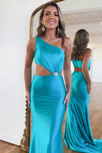 Load image into Gallery viewer, Lake Blue Satin Mermaid One Shoulder Cutout Waist Prom Dress With Beading